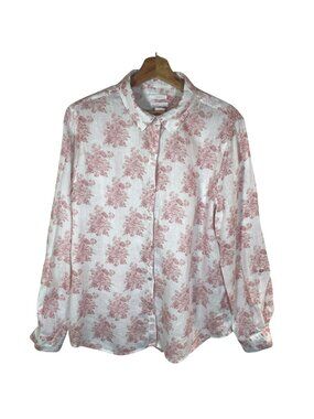 Shabby Chic 100% Linen Floral Rose Button Up Shirt Women XL Pink White Cottage